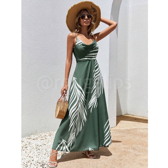 Dark Green Dress White Tropical Leaf Print Maxi Cami Draped Neckline Leg Slit - Picture 6 of 7